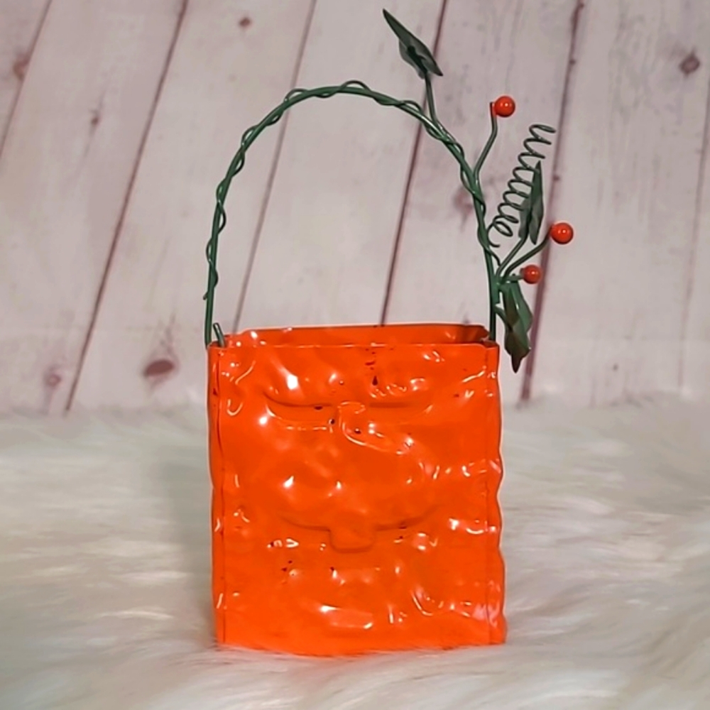 Vintage 90s Halloween Metal Pumpkin Jack-o-lantern Bag Tealight Candle Holder - Picture 8 of 16
